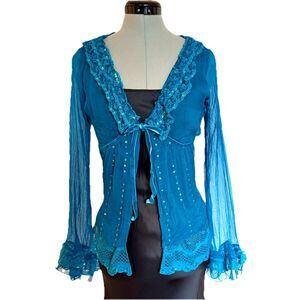 VTG Y2K J2D Sheer Silk Chiffon Crochet Lace Collar Beaded Whimsigoth Blouse / M